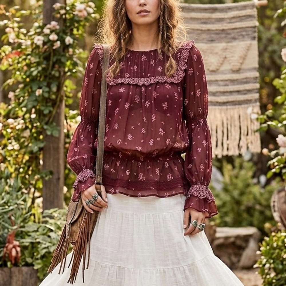 Joie $198 Burgundy 100% Silk Bohemian Floral Peasant Ruffle Blouse Size Medium